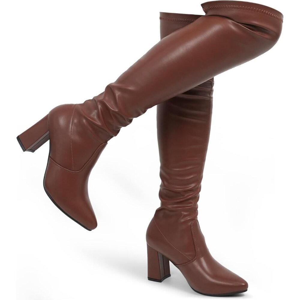 Women's Brown-pu Polyurethane High Pointy-toe High-heel Over The Knee Boots